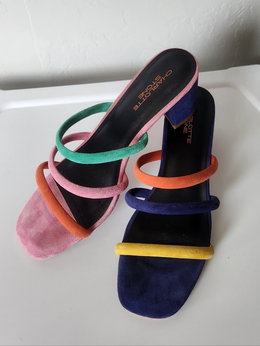 Charlotte Stone Belle Multicolor Suede Triple-Strap Sandals sz 10